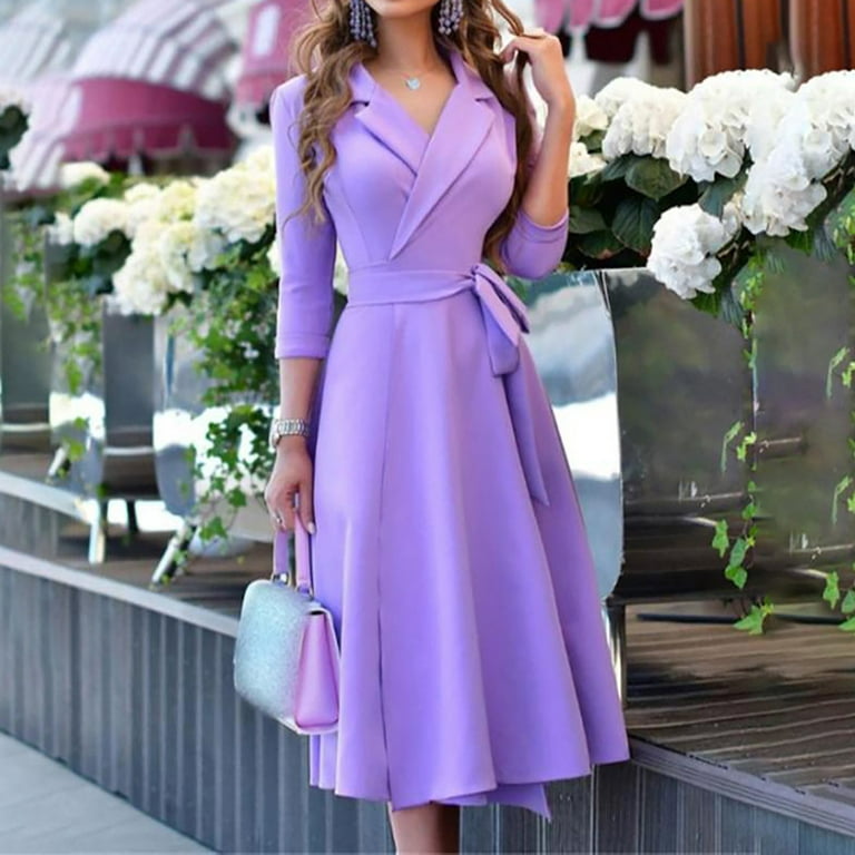 FITORON Women Dress- Pullover Elegant Slim Party Dress Long Sleeve V Neck  Fit Flare Solid Dress Purple 