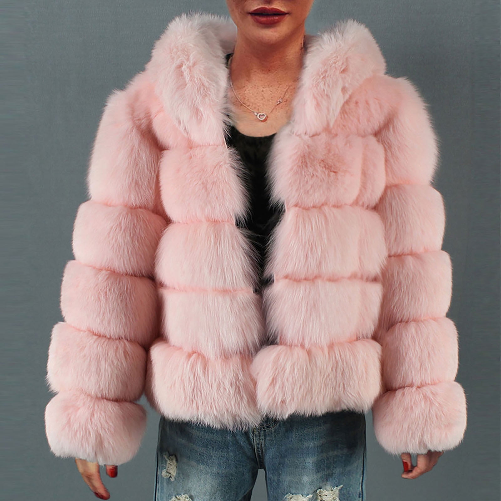 FITORON Women Faux Fur Coat- Ladies Warm Faux Fur Coat Jacket Winter Turn  Down Collar Solid Outerwear Brown L 