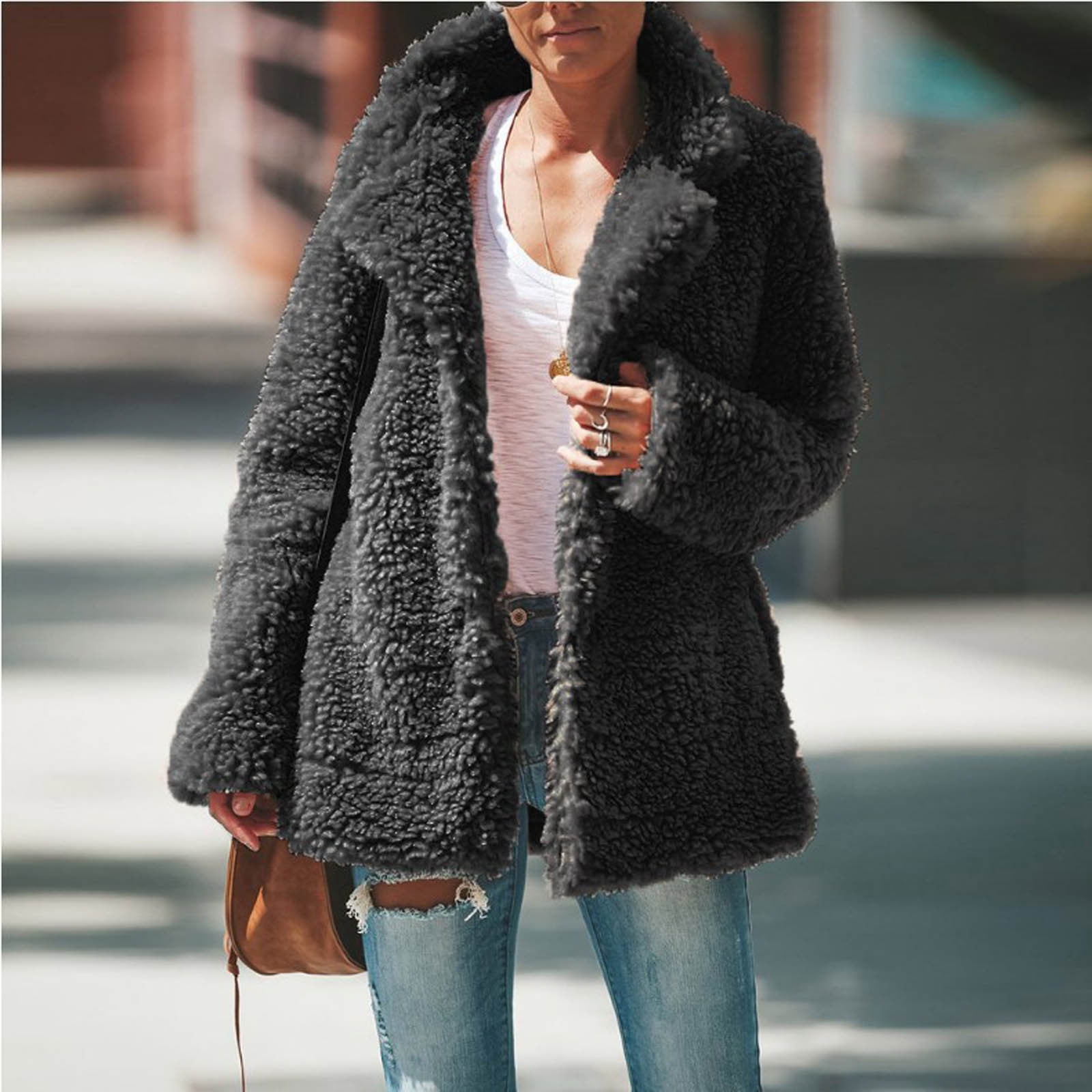 FITORON Women Faux Fur Jacket- Warm Loose Plush Jacket Long Sleeve Cardigan  Turndown Collar Solid Outerwear Drop Shoulder Overcoat Dark Gray XXXXXL 