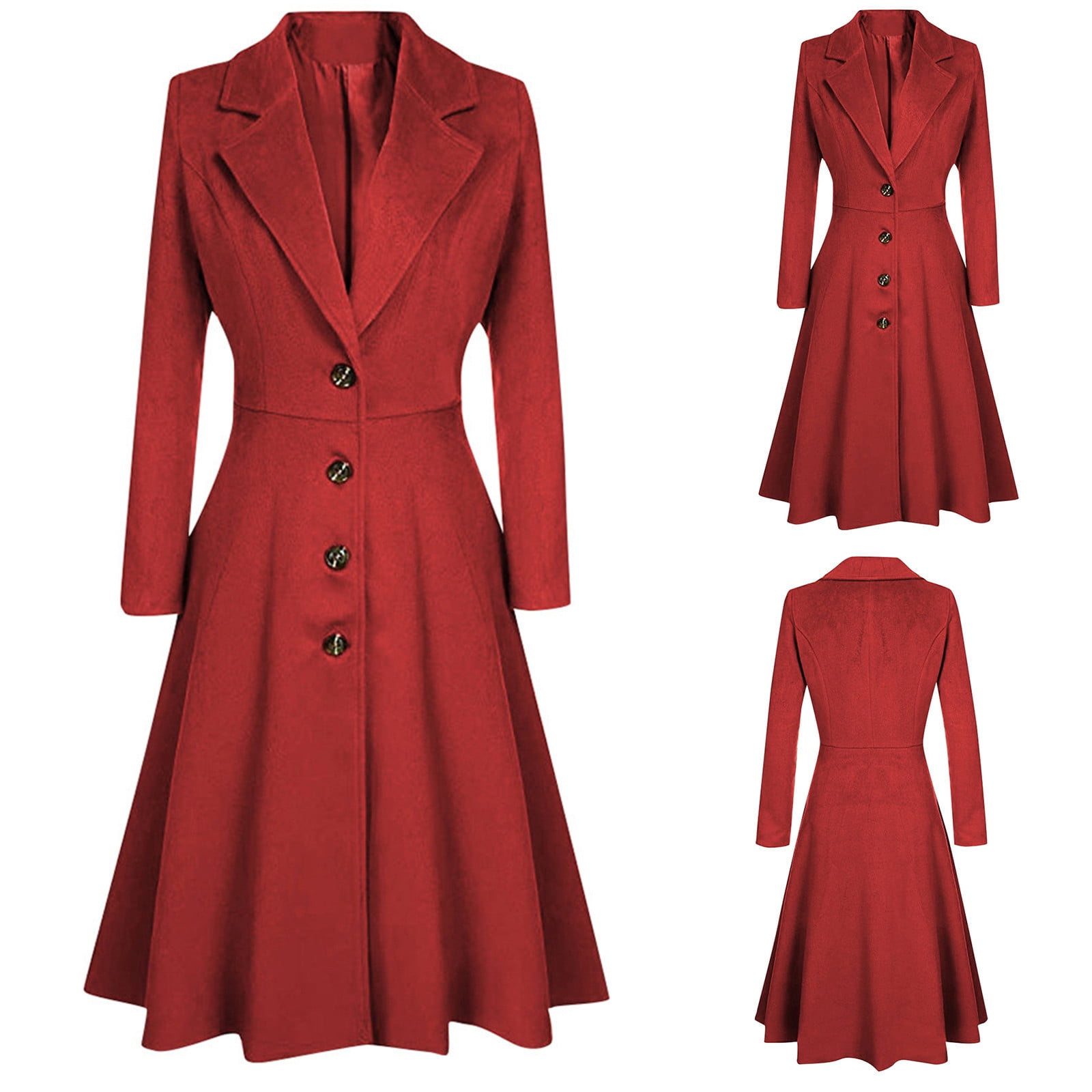 FITORON Women Peacoat Winter Lapel Button Long Trench Coat Jacket Ladies Overcoat Outwear Red L