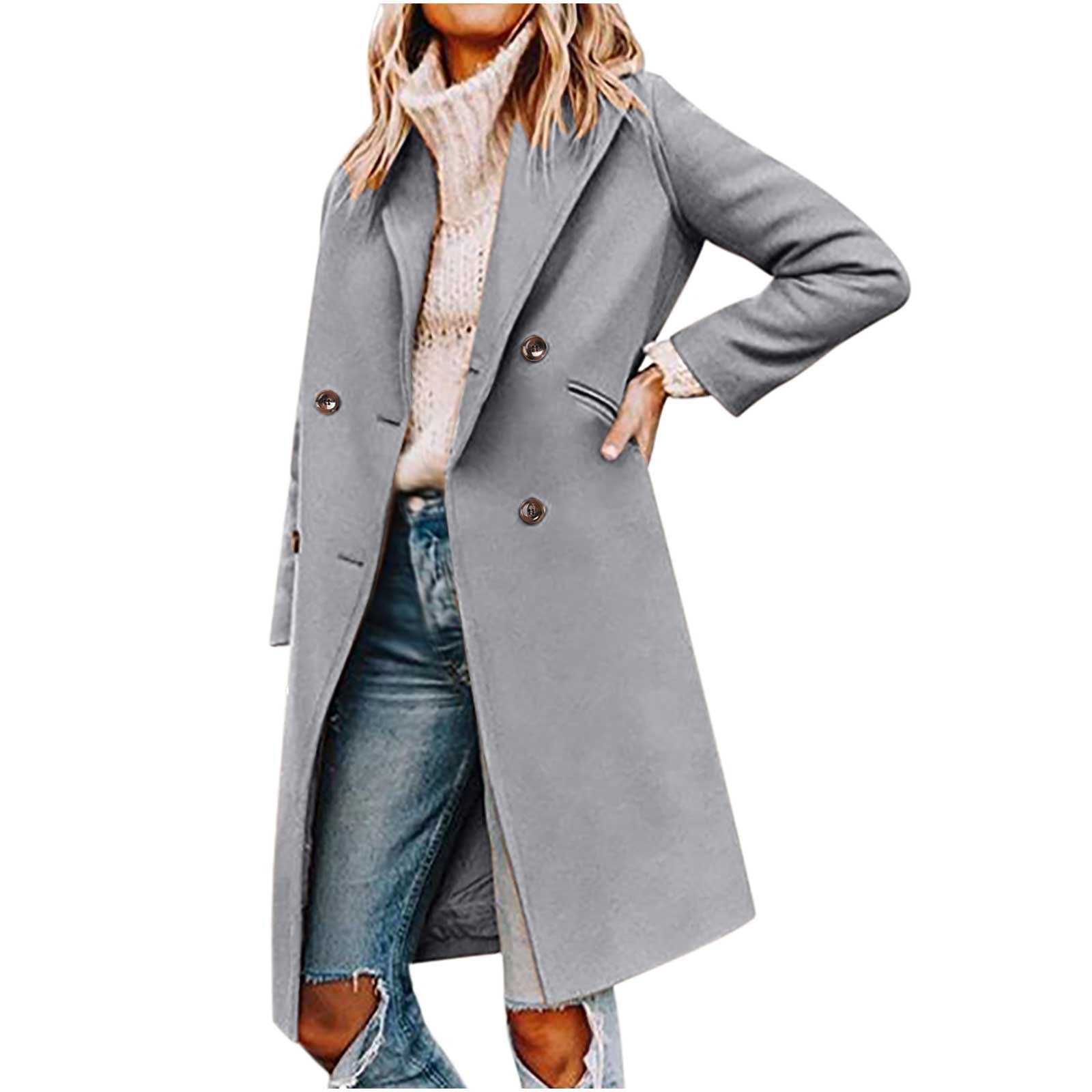 Fitoron Women Winter Coat- Button-Down Elegant Fashion Woolen Jacket Turndown Collar Long Sleeve Peacoat Solid Outerwear Gray, Women's, Size: 2XL