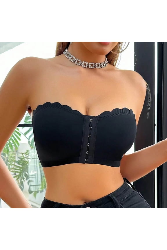 Women Wirefree Bandeau Bra Strapless Seamless Non Slip Padded Front Closure Lift Support Black S M L XL,Size S
