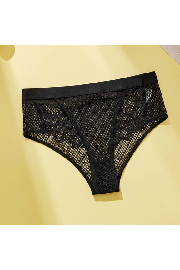 Womens Breathable Mesh Lace Bikini Briefs Mid Rise Cotton Liner Panties Black,Size S