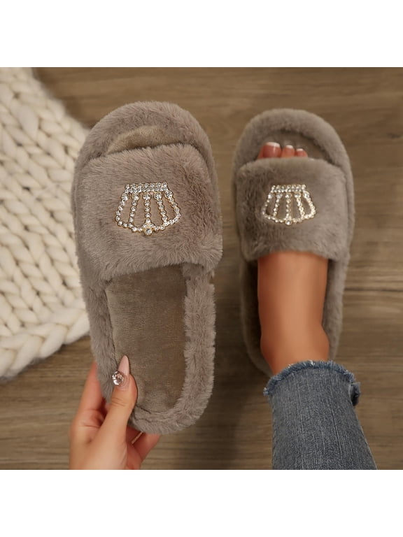 Womens Brown Rhinestone Crown Fuzzy Slide Slippers – Plush Faux Faux Fur Open Toe Indoor House Shoes,Size 6.5-7