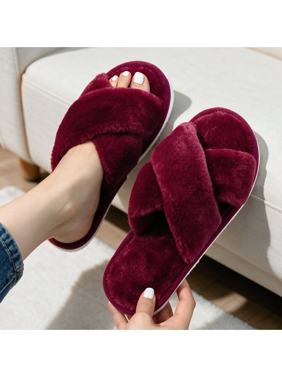Womens Burgundy Plush Open Toe Cross Strap Slippers, Warm Fuzzy Indoor House Slides,Size 9-9.5