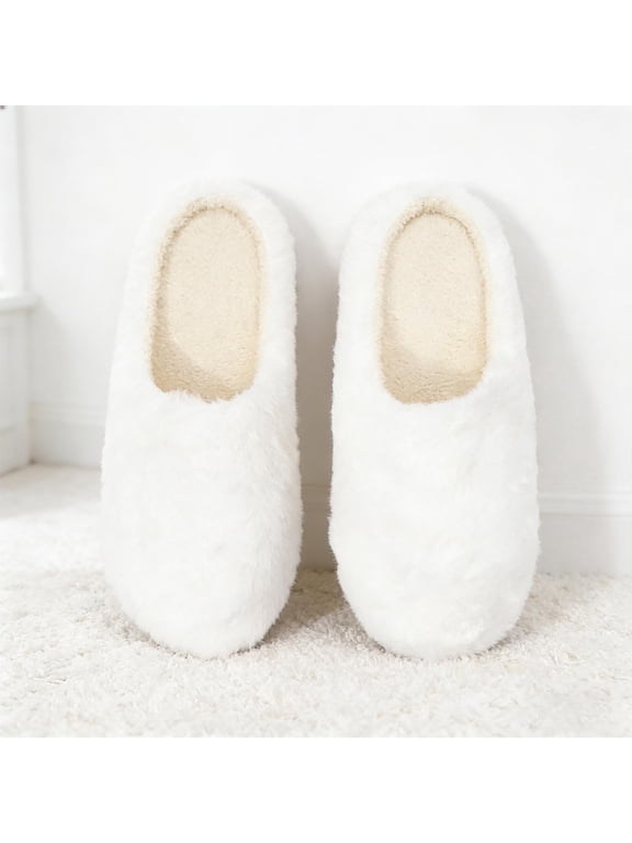 Womens Closed Toe Slippers, Fuzzy Slide, Plush Indoor House Shoes, White,Size 9-9.5