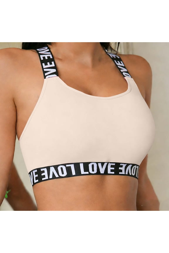 Womens Cross Back Sports Bra with LOVE Lettering, Medium Support Workout Yoga Bra Moisture-Wicking, Beige,Size S