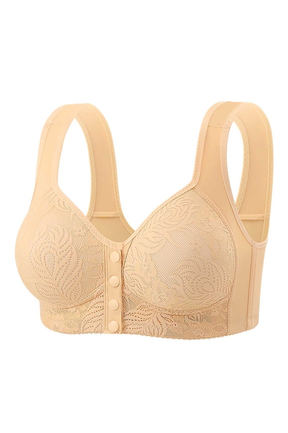 Womens Front Closure Bra Full Coverage Lace Wireless Comfort Bras for Women Post Surgery Support Wide Straps Beige,Size S