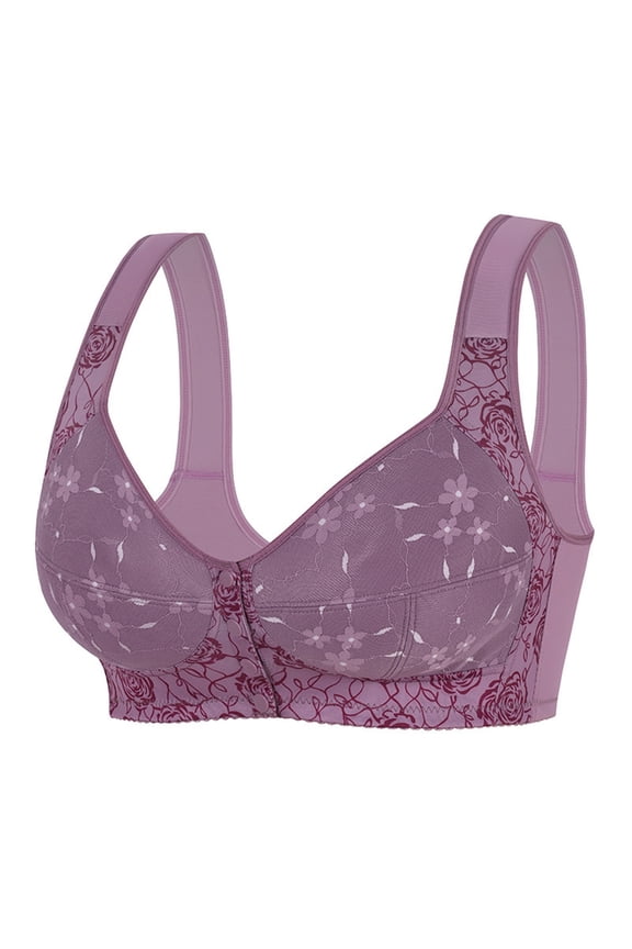 Womens Front Closure Wireless Bra Plus Size Full Coverage Post Surgery Support Bra with Floral Pattern Purple,Size 5XL