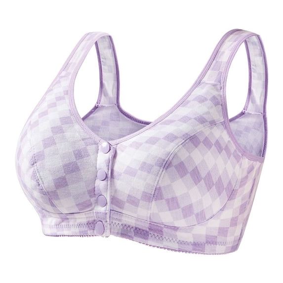 FITORON Womens Front Closure Wireless Bra, Soft Plus Size Bra for Post Surgery & Mastectomy, Comfort Lounge Sleep Bra, Purple Checkered,Size 36