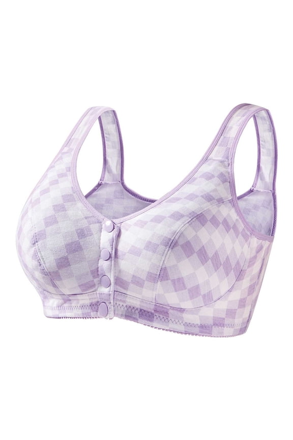 Womens Front Closure Wireless Bra, Soft Plus Size Bra for Post Surgery & Mastectomy, Comfort Lounge Sleep Bra, Purple Checkered,Size 36