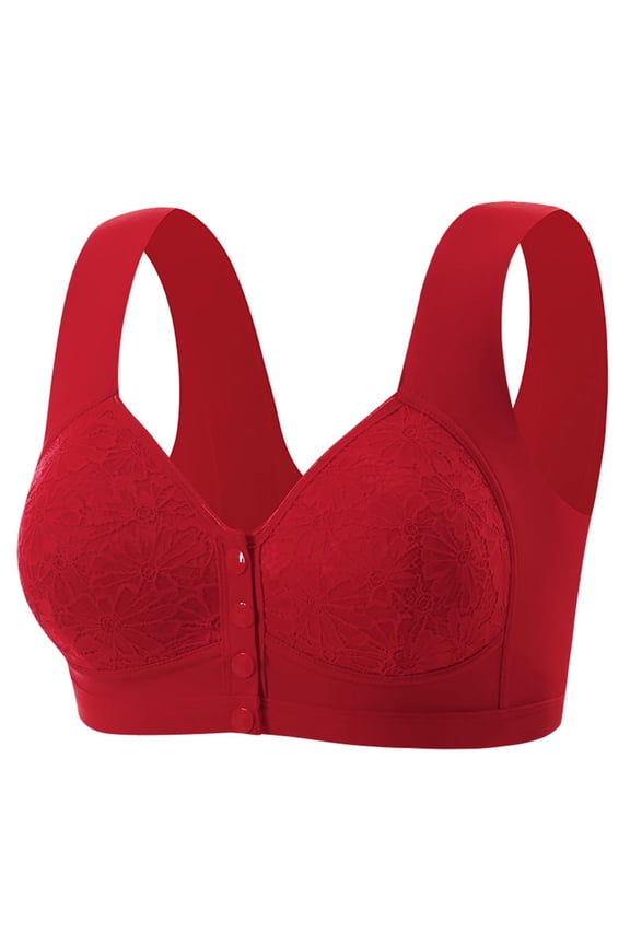 Womens Front Hook Bra Wirefree Full Coverage - Red Lace Easy Closure Comfort Bra for Post Surgery Seniors,Size 38