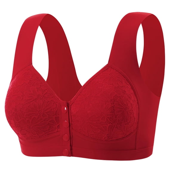 FITORON Womens Front Hook Bra Wirefree Full Coverage - Red Lace Easy Closure Comfort Bra for Post Surgery Seniors,Size 40