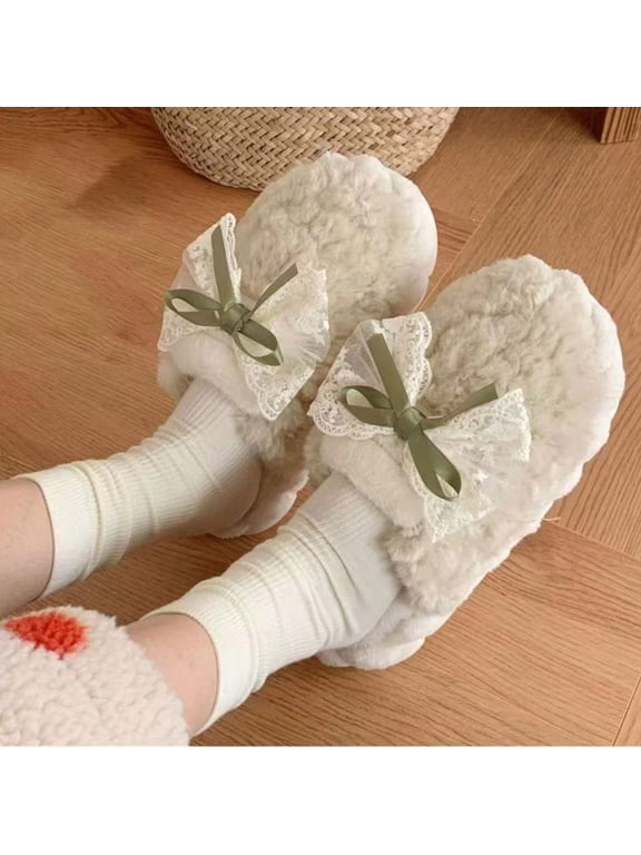 Womens Fuzzy House Slippers Non-Slip Open Back Plush Slides with Lace Bow, Cozy Indoor Winter Shoes Green,Size 5.5-6