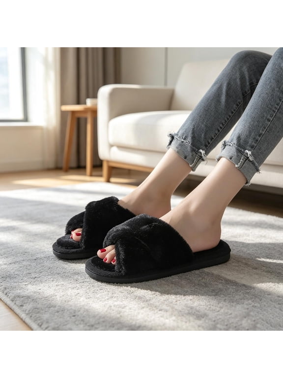 Womens Fuzzy Open Toe Slide Slippers, Soft Plush Non-Slip House Shoes for Cozy Bedroom,Size 5.5-6