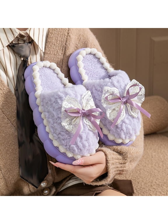 Womens Fuzzy Platform Slippers Lace Bow Open Toe Indoor House Shoes Purple,Size 6.5-7