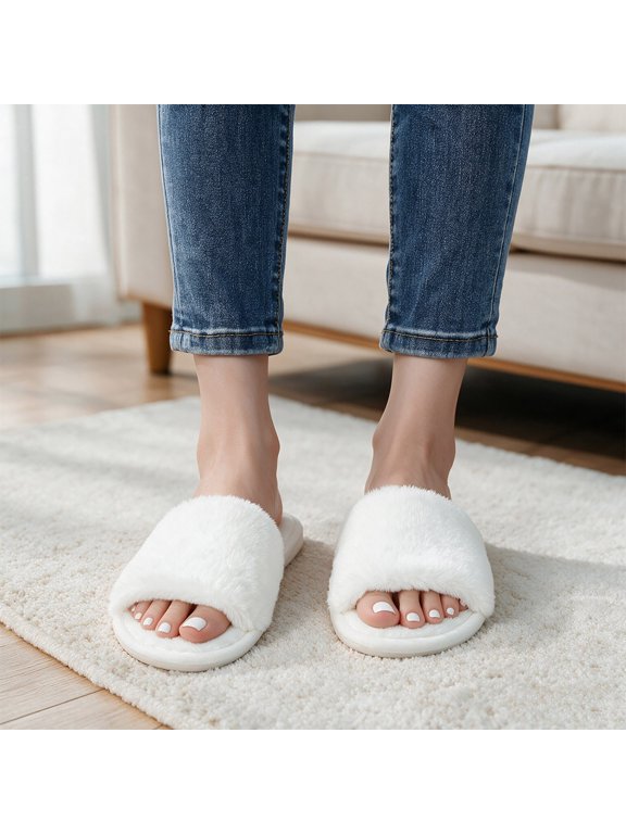 Womens Fuzzy Slide Slippers - Open Toe Plush House Shoes, White, Sizes 36-44,Size 5.5-6