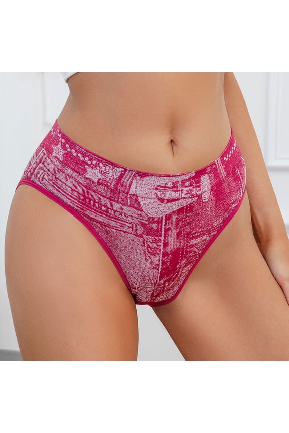 Womens High Cut Bikini Underwear - Hot Pink Faux Denim Print Y2K Polyamide Stretch Panties,Size S