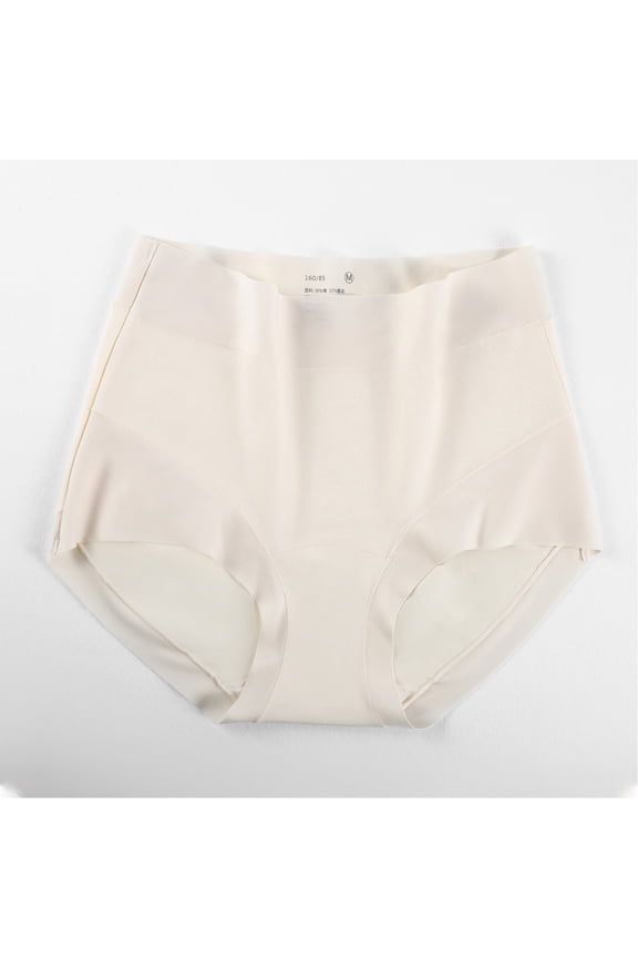 Womens High Waisted Cotton Seamless Underwear - Tummy Control Briefs, Beige,Size L