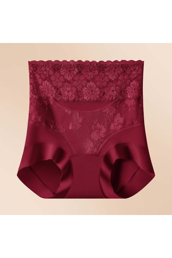 Womens High-Waisted Lace Tummy Control Shaping Brief Seamless Body Shaper Underwear Red,Size M