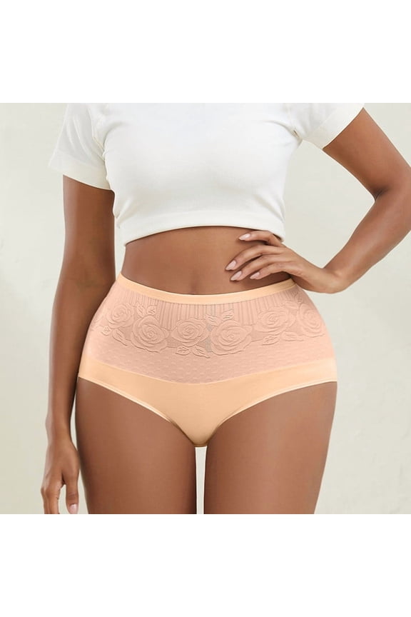 Womens High-Waisted Rose Jacquard Seamless Briefs - No Show Tummy Control Underwear Beige,Size 2XL
