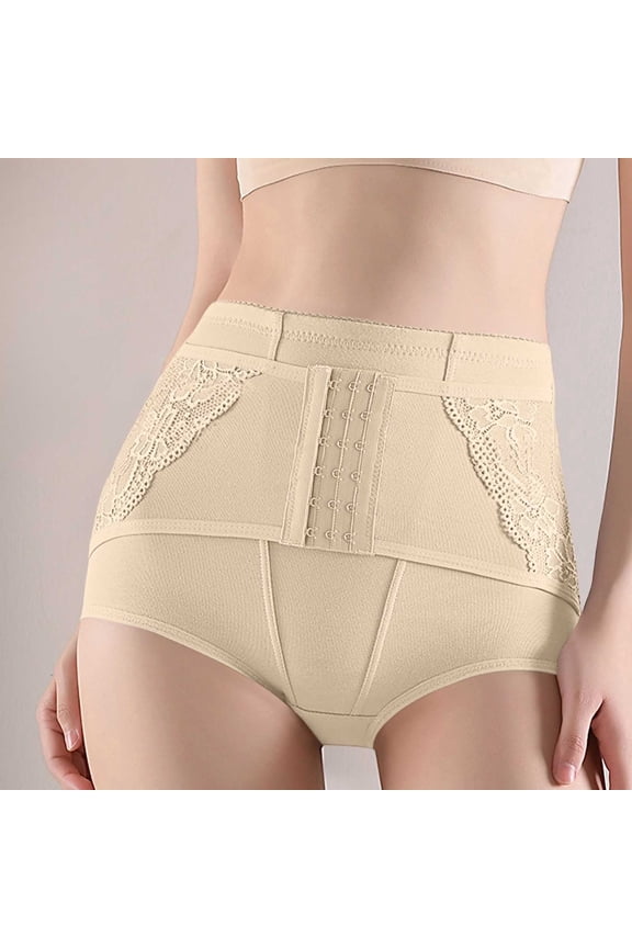 Womens High Waisted Tummy Control Cotton Shapewear Underwear - Beige - Breathable Firm Compression Panty,Size M