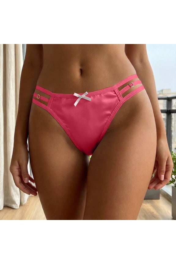 Womens Hot Pink Satin Strappy Bikini Panties with Bow - Silky Side Strap Underwear for Women,Size M