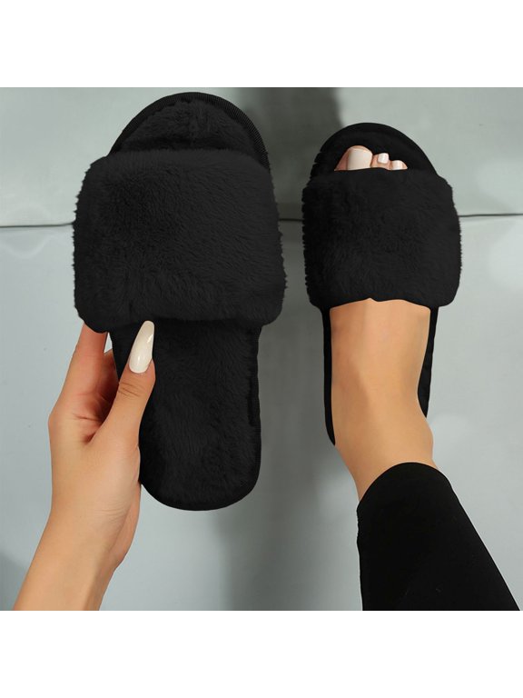 Womens House Shoes Fuzzy Open Toe – Plush Faux Faux Fur Slide Slippers, Cozy Indoor Bedroom Footwear,Size 7.5-7.5