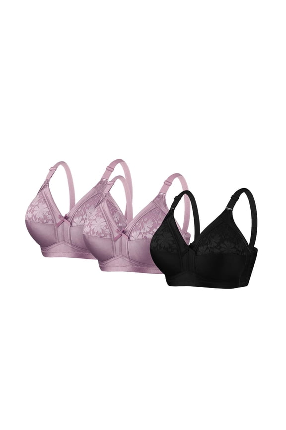 Womens Lace Bras 3 Pack, Full Coverage Front Closure Bra Set, Wireless Seamless Comfort Bras in Pink,Size 36