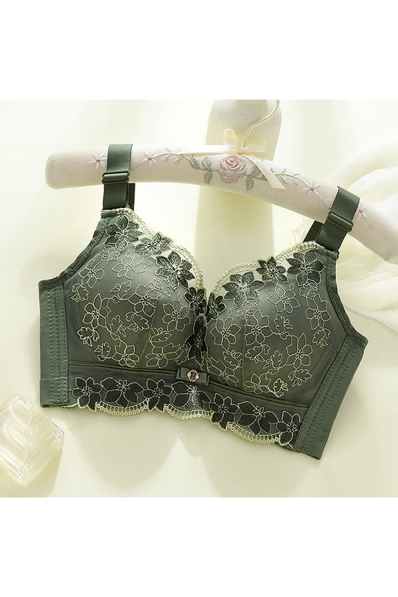 Womens Lace Underwire Bra Front Closure Comfort T-Shirt Bras Floral Seamless Army Green,Size 2XL
