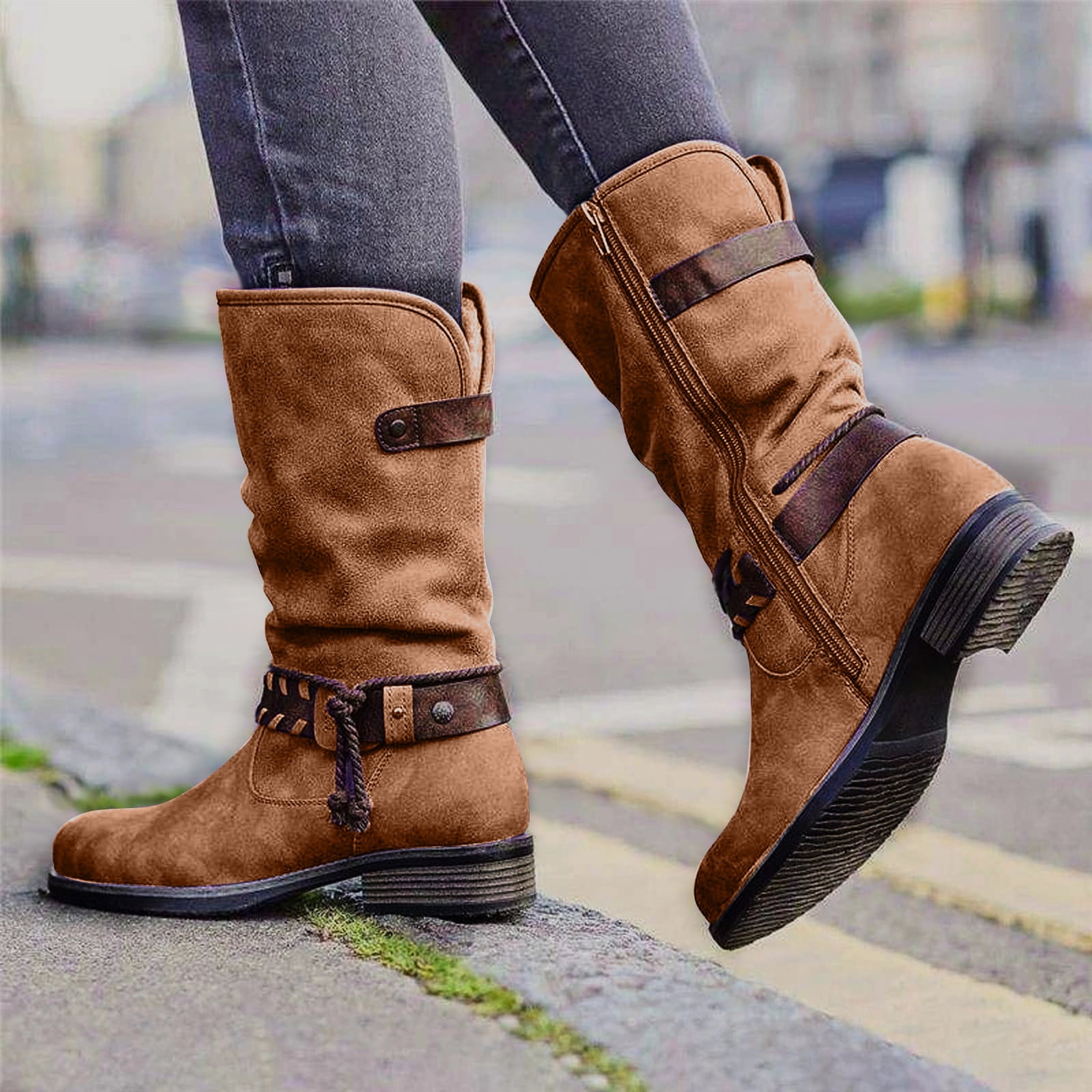FITORON Womens Mid Calf Boots- Winter Warm Suede Rope Ethnic Wind Boots Low  Heel Side Zipper Boots Brown 40