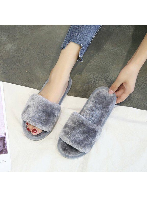 Womens Open Toe Cross Strap Slide Slippers, Warm Plush Fleece House Shoes, Non-Slip & Washable,Size 5.5-6