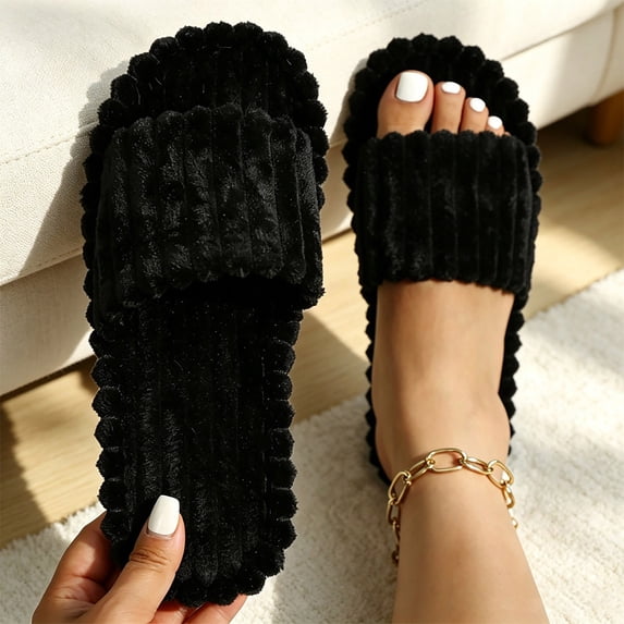 FITORON Womens Open Toe Fuzzy Slide Slippers - Striped Plush Black,Size 5.5-6
