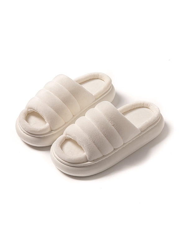 Womens Open Toe Plush House Slippers - Cushioned Indoor Slides with Soft Flock, Beige,Size 5.5-6