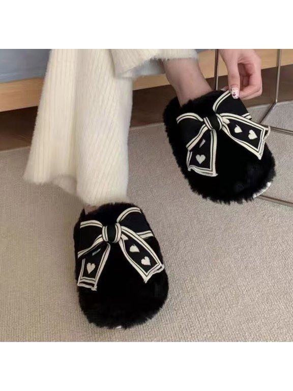 Womens Plush Open Toe House Slippers Fuzzy Slide with Heart Bow and Non-Slip Sole for Indoor Comfort,Size 5.5-6