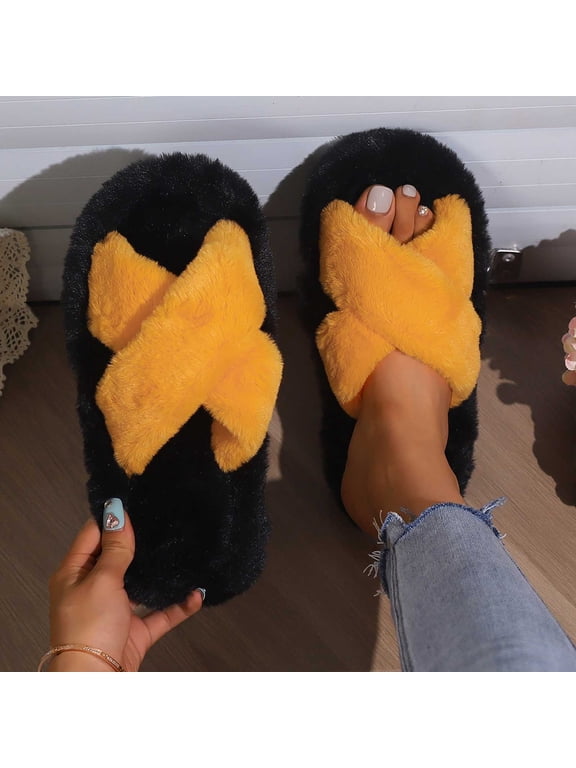 Womens Plush Open Toe Slide Slippers Cross Strap Fuzzy House Shoes for Indoor Warm, Orange,Size 5.5-6