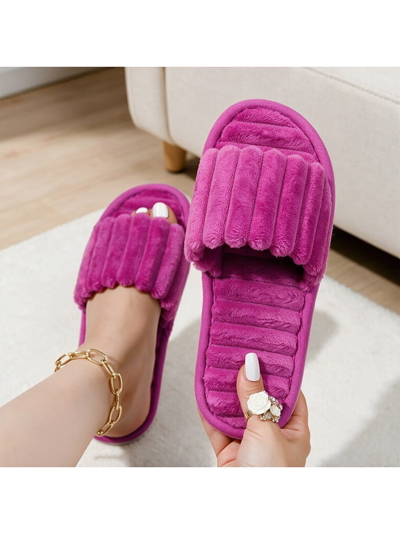 Womens Plush Open Toe Slide Slippers Soft Quilted Indoor House Shoes,Size 5.5-6