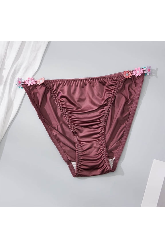 Womens Purple Bikini Panties Floral Trim Low Rise Seamless Ruched Soft Polyamide S-4XL,Size L