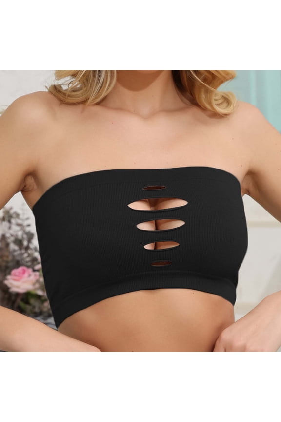 Womens Ribbed Bandeau Top with Cut Out Detail - Strapless Tube Top for Workout, Beach, Going Out - Black,Size M