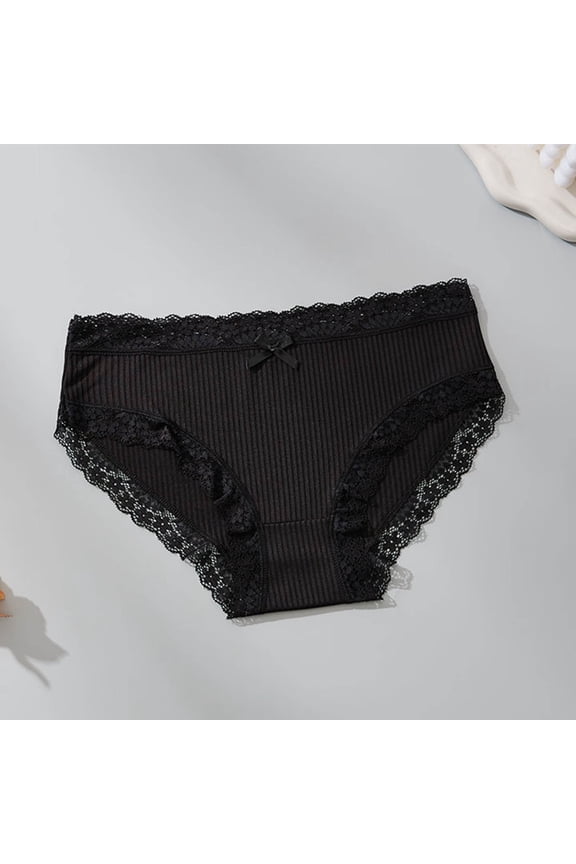 Womens Ribbed Lace Trim Briefs, Mid Rise Stretchy | Soft Breathable Panties, Black,Size L
