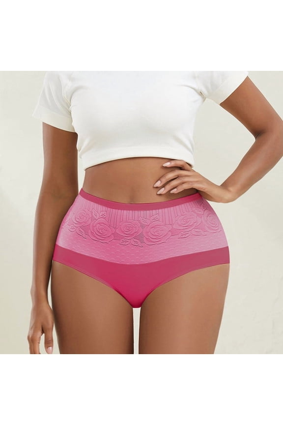 Womens Seamless High Waisted Panties - Tummy Control No Show Briefs with Rose Jacquard, Hot Pink,Size XL