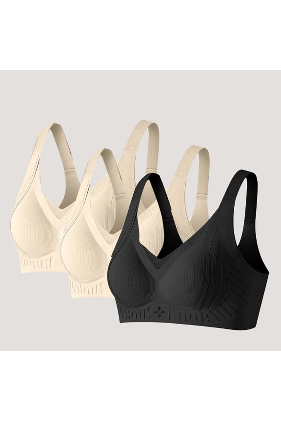 Womens Seamless Racerback Sports Bra 3 Pack - Wirefree Medium Support V-Neck Padded Workout Bra, Beige,Size M