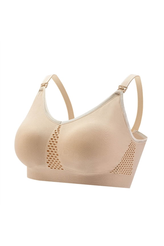 Womens Seamless Sports Bra Wireless Racerback Workout Bra with Mesh Panels, Medium Support Moisture Wicking - Beige,Size L