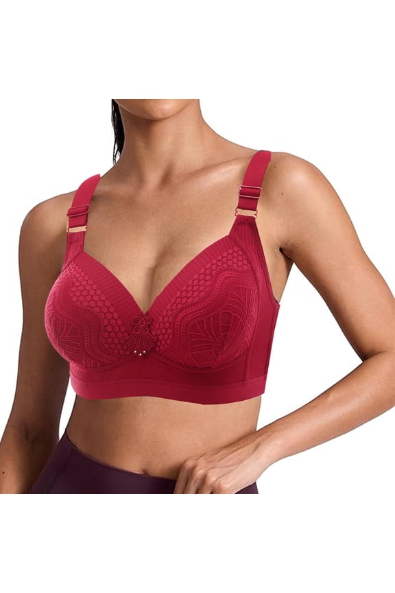 Womens Seamless Wireless Bra Red Wirefree Comfort Bra Light Support V Neck Everyday Bra Adjustable Straps,Size 2XL