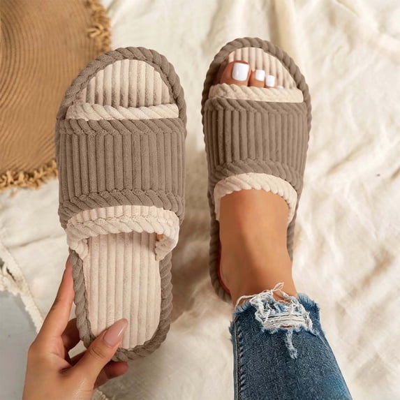 FITORON Womens Slide Slippers Corduroy Open Toe Non-Slip Cozy Indoor House Shoes,Size 9-9.5