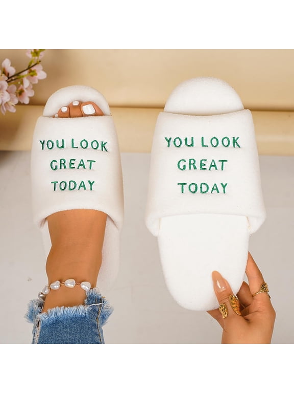 Womens Slide Slippers Plush Terry Open Toe Embroidered House Shoes White,Size 5.5-6