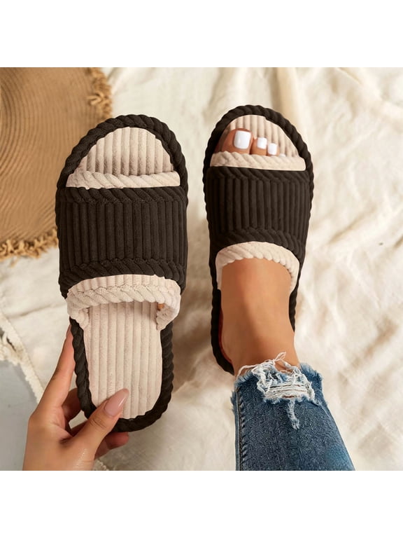 Womens Slippers Open Toe Corduroy Slide Non-Slip Cozy Indoor House Shoes,Size 5.5-6