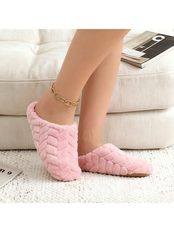 Womens Warm Plush Slippers, Open Heel Slide House Shoes with Non-Slip Sole, Pink,Size 6.5-7