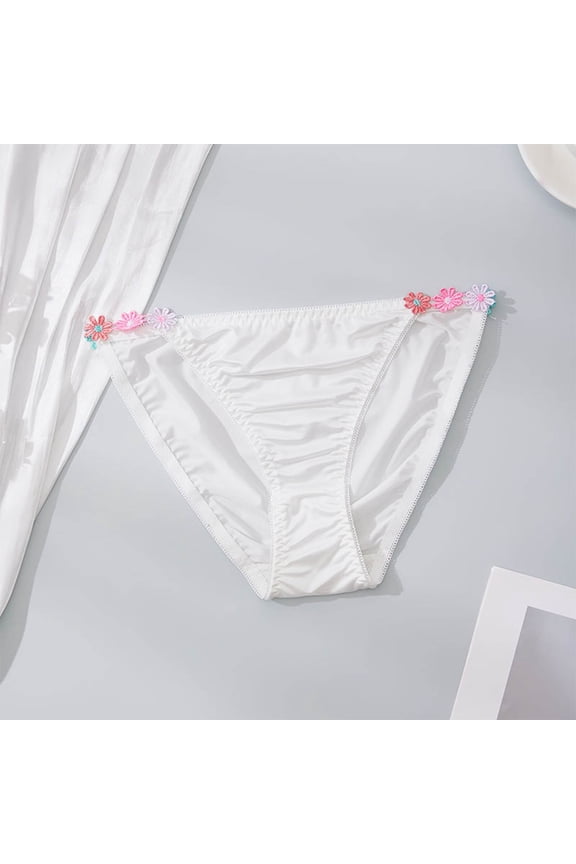 Womens White Bikini Panties Floral Trim Low Rise Seamless Ruched Soft Polyamide S-4XL,Size XL