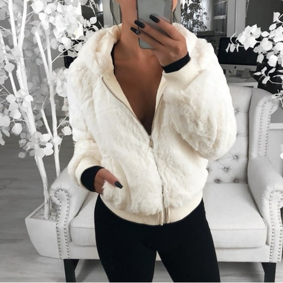 FITORON Womens Winter Coats- Long Sleeve Faux Fur Solid Crop Coats Turtleneck Lantern Sleeve Full Zip ,for Autumn Winter White XXXL